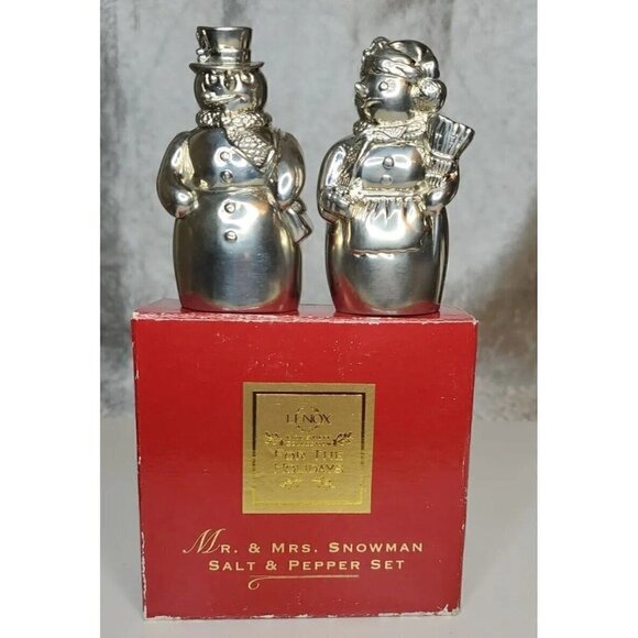VTG Kirk Stieff Lenox For the Holidays Mr Mrs Snowman Salt Pepper Christmas - Picture 1 of 11